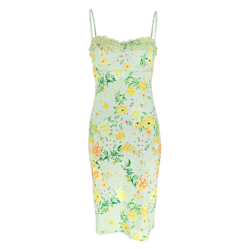 Floral Bodycon Midi Dress with Lace Trim and Spaghetti Straps