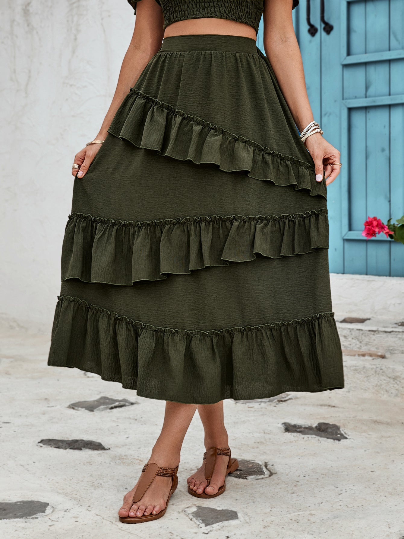 Smocked Two-Piece Set with Flutter Sleeves and Tiered Midi Skirt