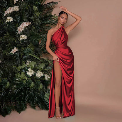One-Shoulder Satin Maxi Dress with Ruched Bodice and High Slit