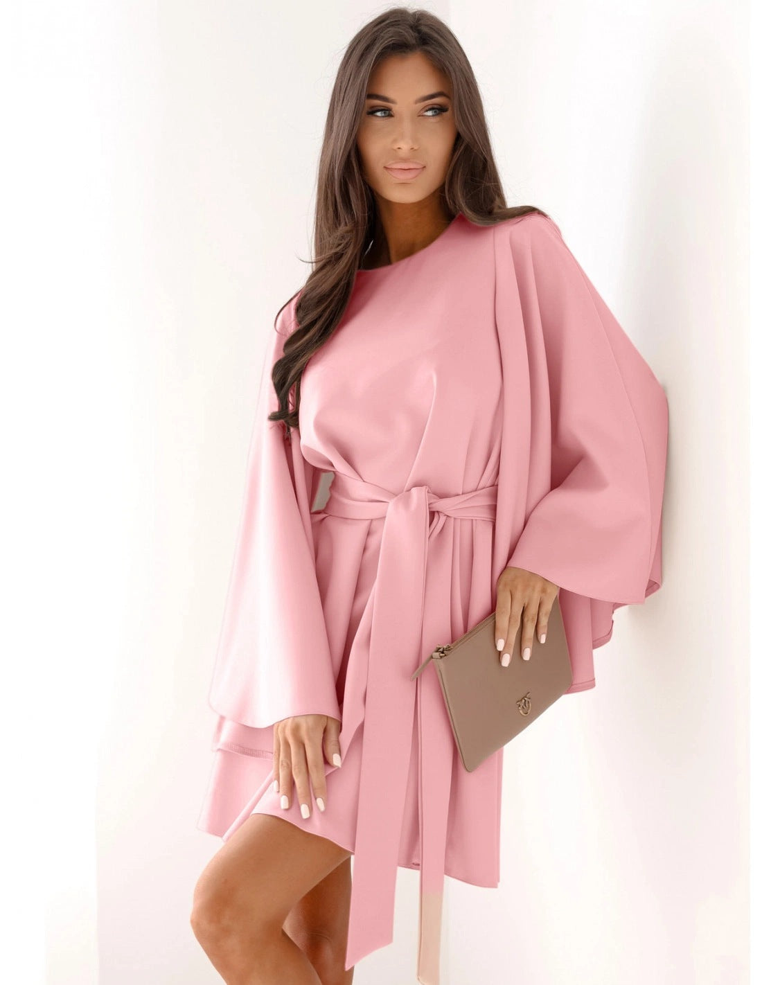 Solid Mini Dress with Bell Sleeves and Tie-Waist
