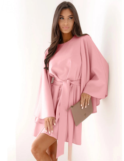 Solid Mini Dress with Bell Sleeves and Tie-Waist