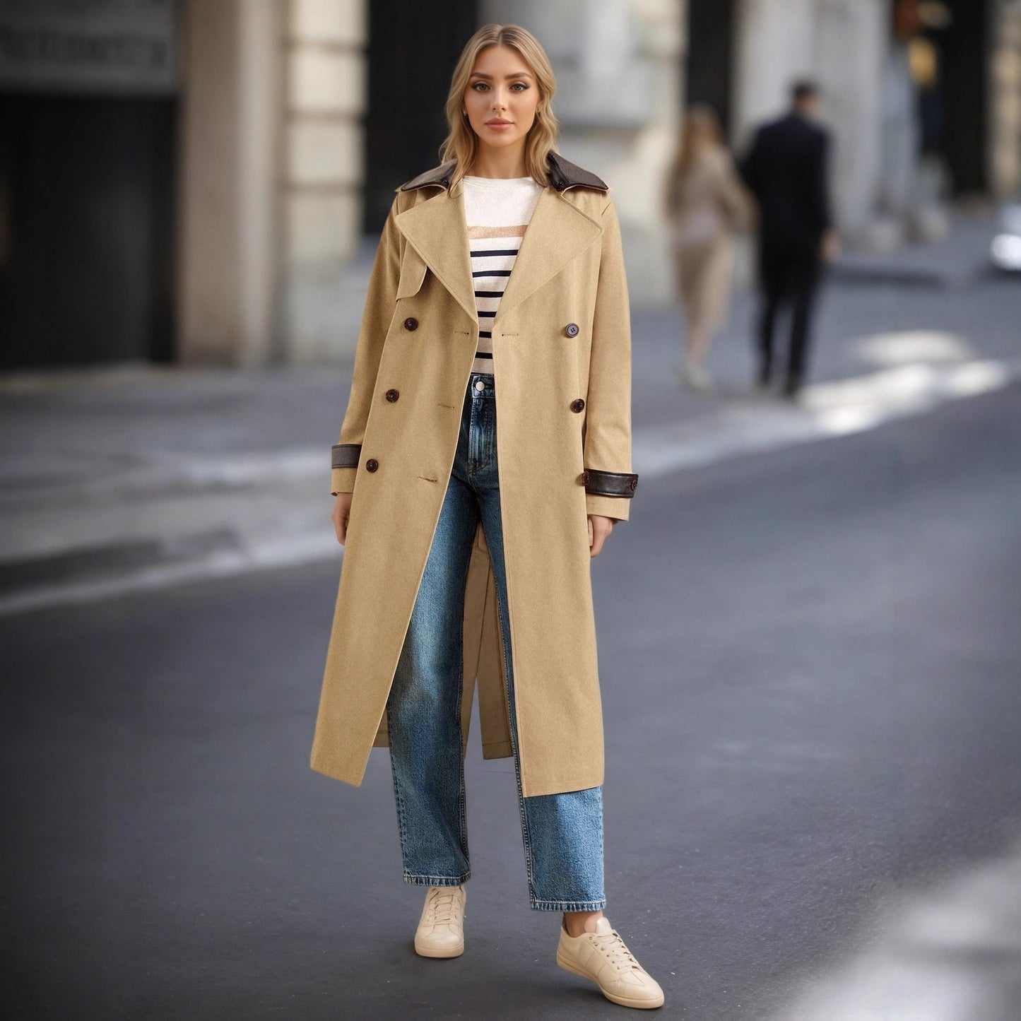 Long Khaki Trench Coat with Spliced Leather Trim