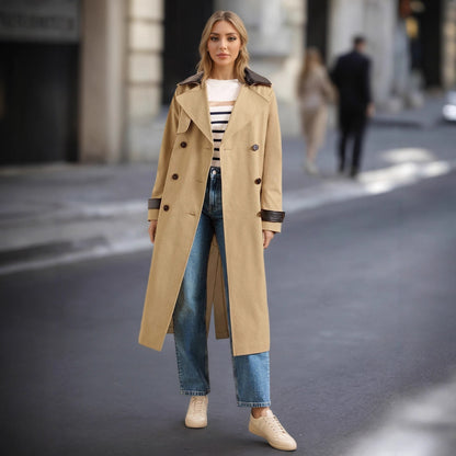 Long Khaki Trench Coat with Spliced Leather Trim