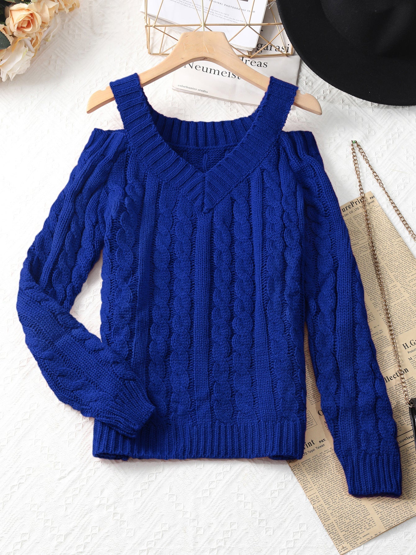 Cable-Knit V-Neck Sweater with Cold-Shoulder Cutouts