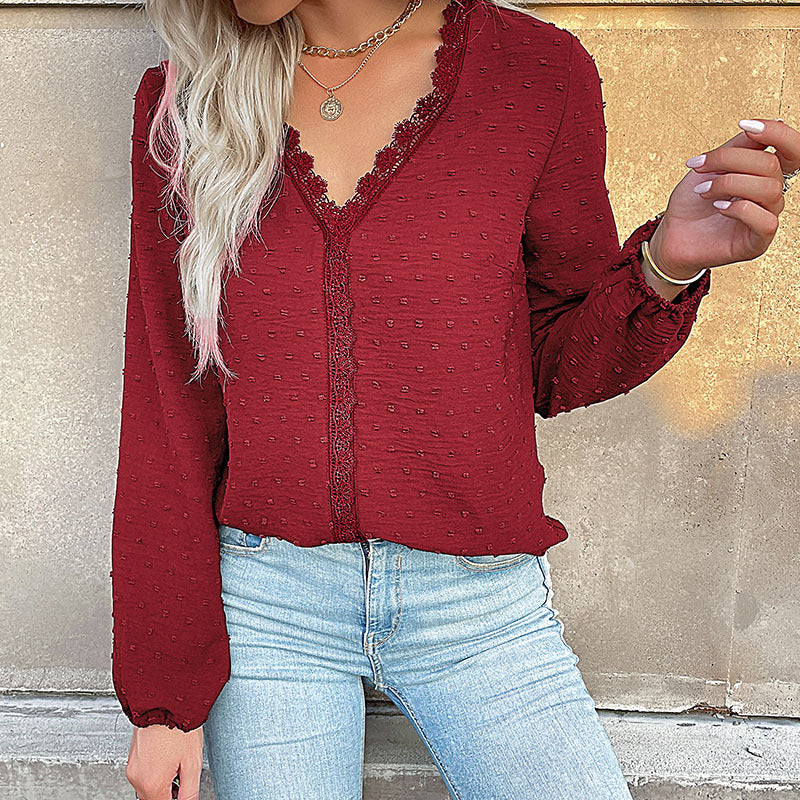 Solid Dotted Long-Sleeve Blouse with Lace Trim