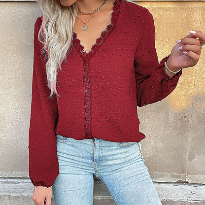 Solid Dotted Long-Sleeve Blouse with Lace Trim