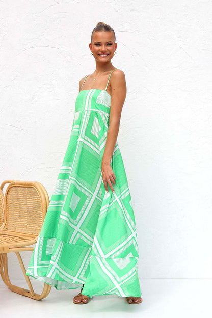 A-Line Maxi Dress with Abstract Print and Spaghetti Straps