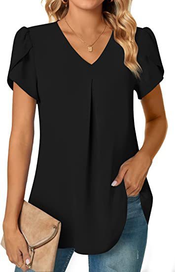 Solid V-Neck Blouse with Petal Sleeves and Pleated Front