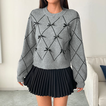 Loose Argyle Bow Pullover with Round Neck