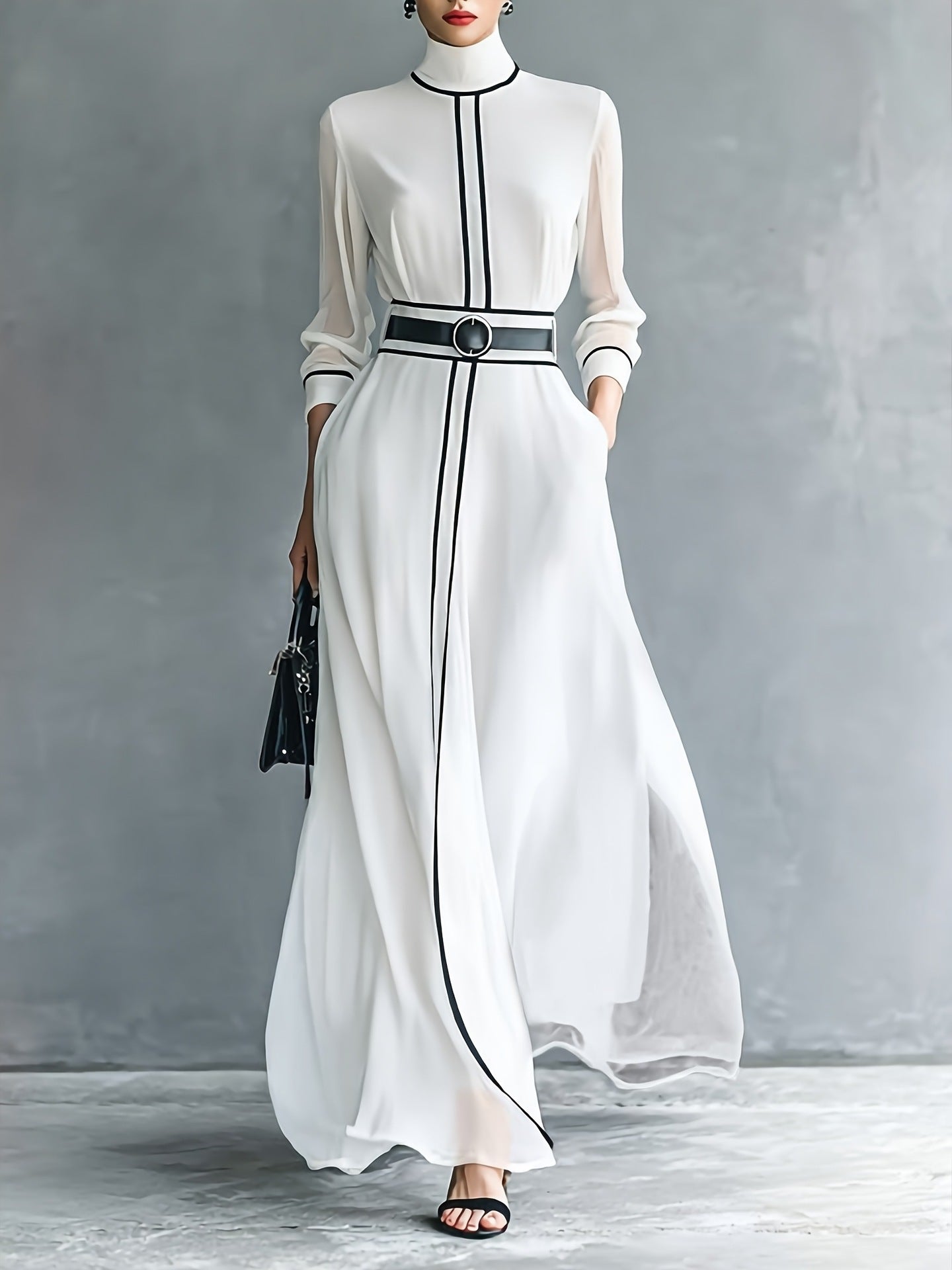High-Waist Maxi Dress with Turtleneck and Contrast Piping