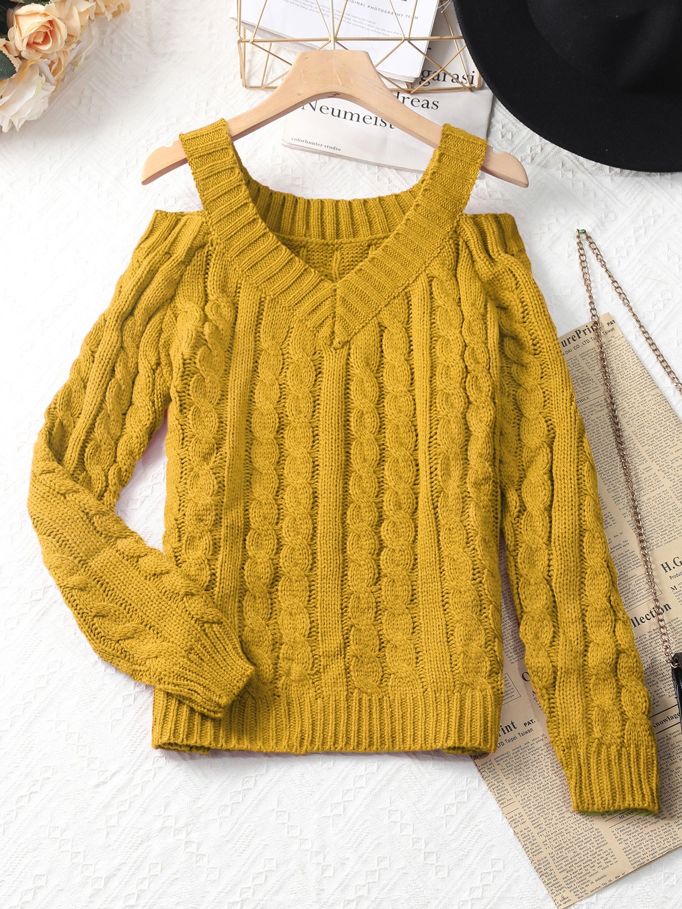 Cable-Knit V-Neck Sweater with Cold-Shoulder Cutouts