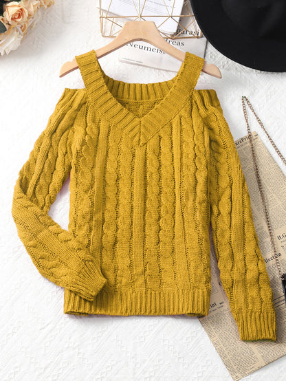 Cable-Knit V-Neck Sweater with Cold-Shoulder Cutouts