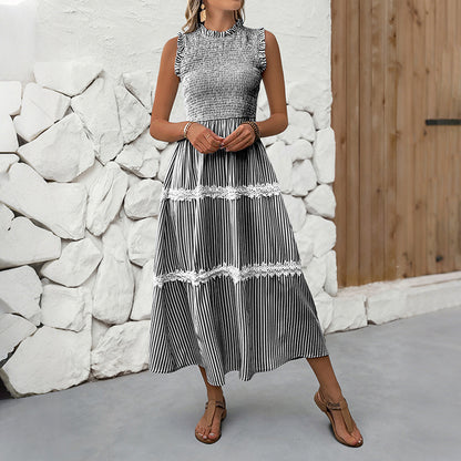 Striped A-Line Midi Dress with Smocked Bodice and Lace Trim