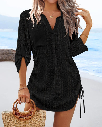 Eyelet Tunic Dress with V-Neck and Drawstring Sides