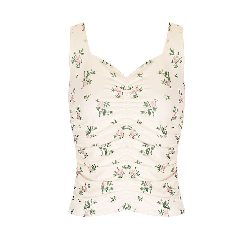 Bodycon Floral Print Tank Top with Ruched V-Neck