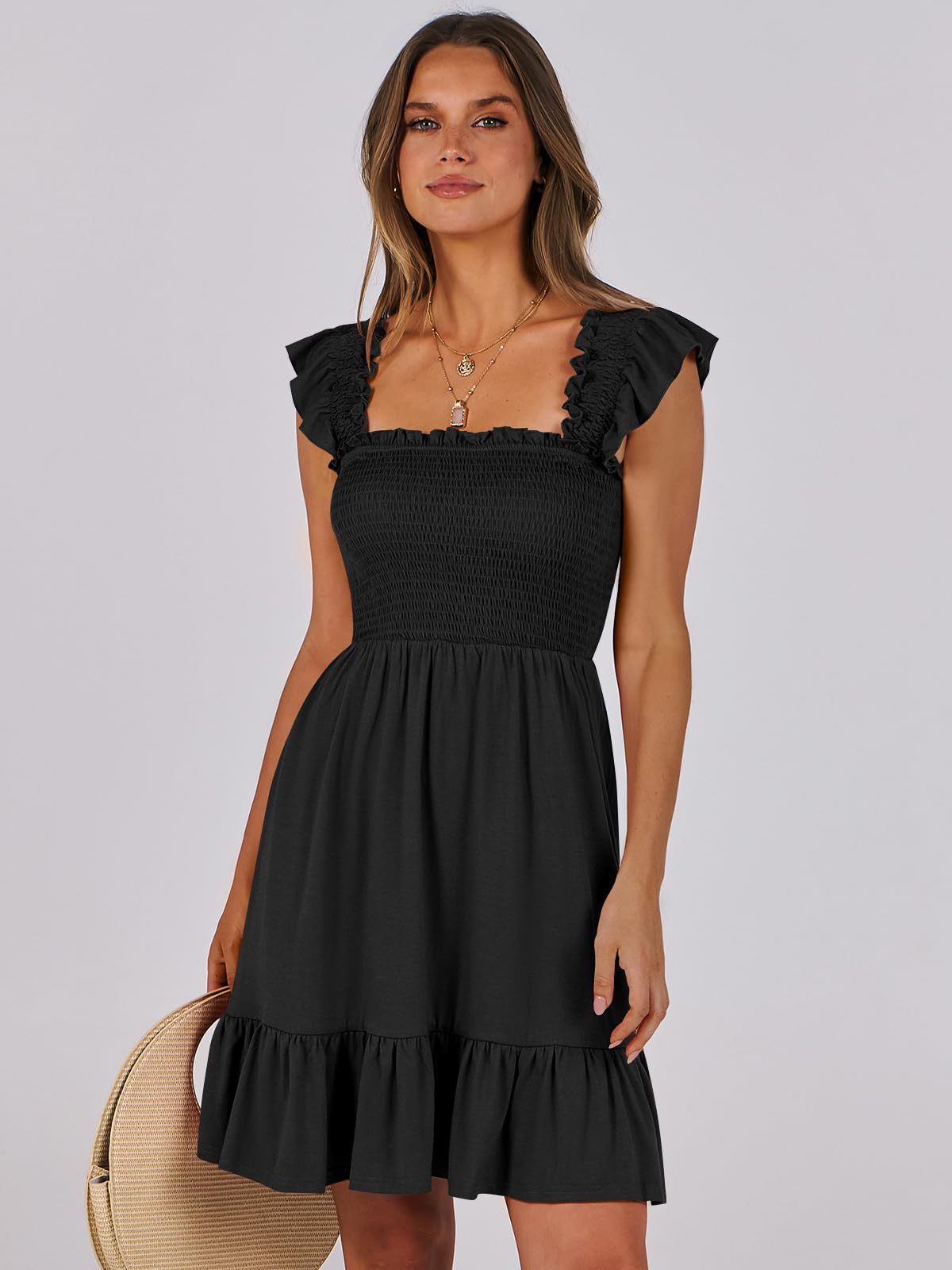 Smocked A-Line Mini Dress with Flutter Sleeves and Ruffle Hem