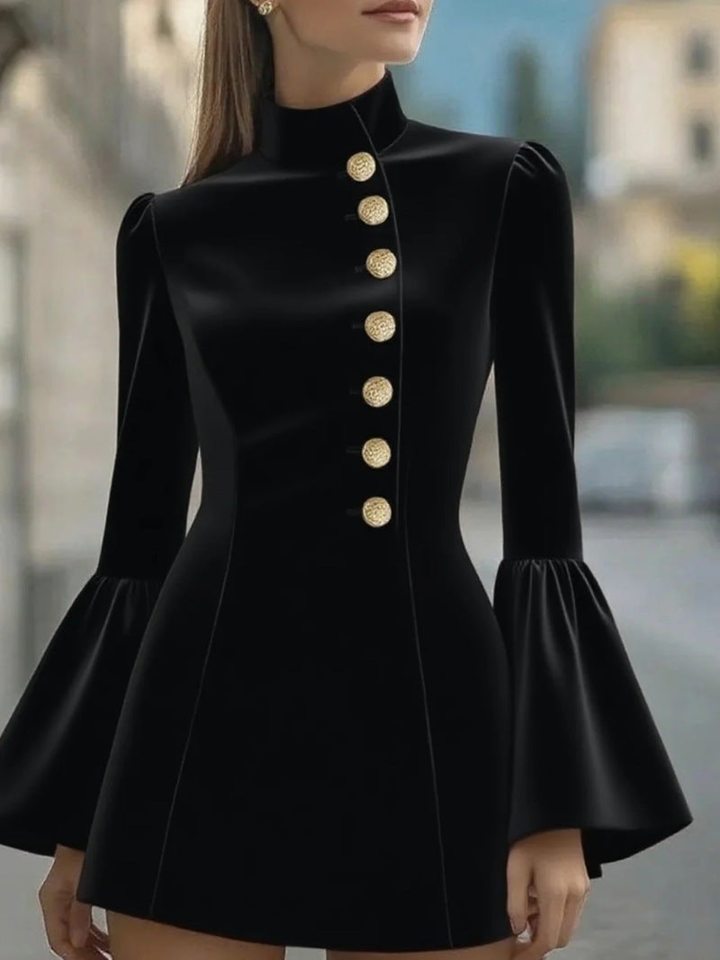 Mini Coat Dress with Stand Collar and Bell Sleeves