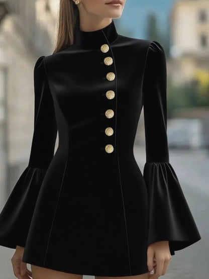 Mini Coat Dress with Stand Collar and Bell Sleeves