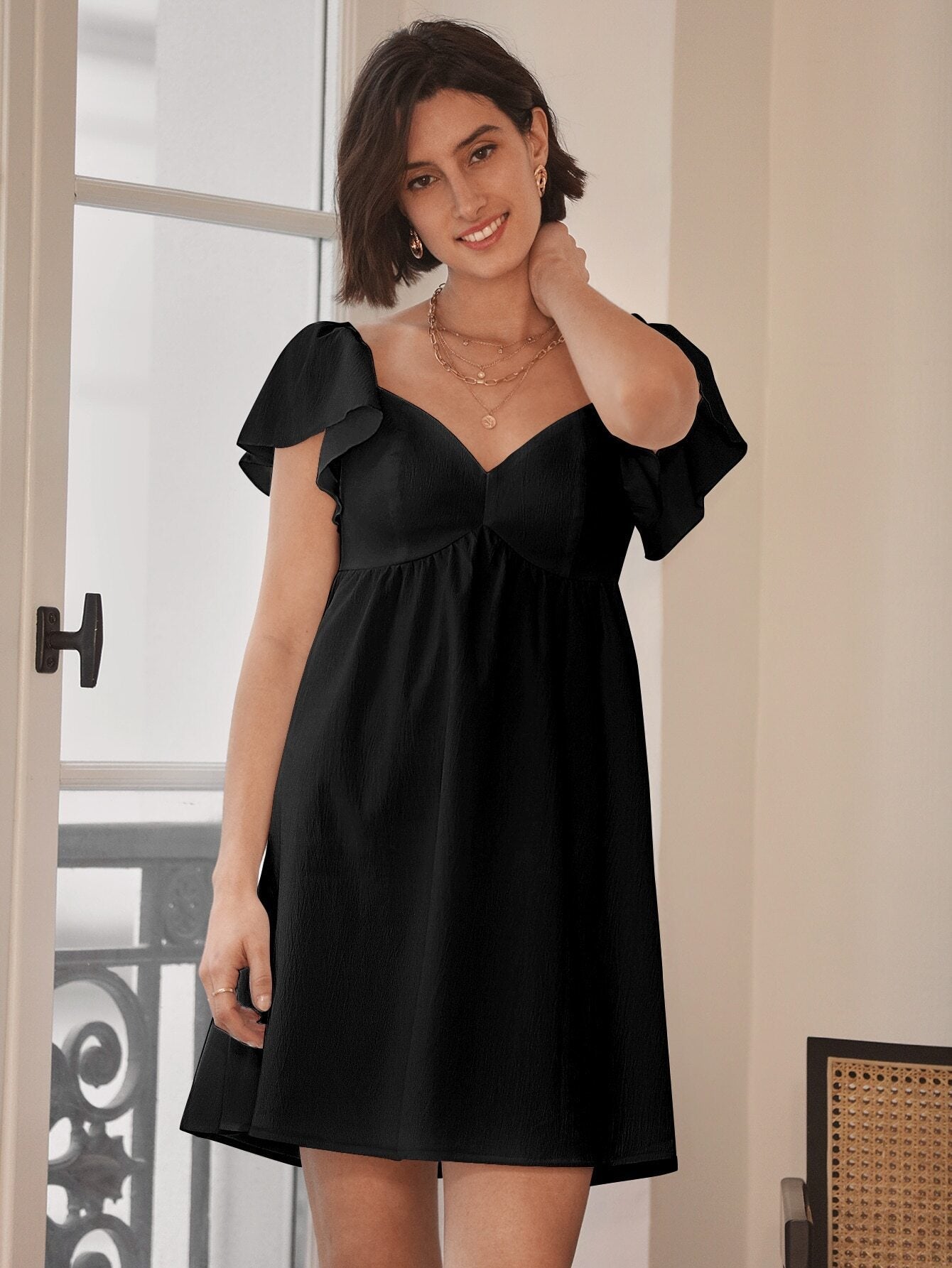 A-Line Mini Dress with V-Neck and Flutter Sleeves