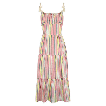 Striped Tiered Maxi Dress with Smocked Waist and Tassel Ties