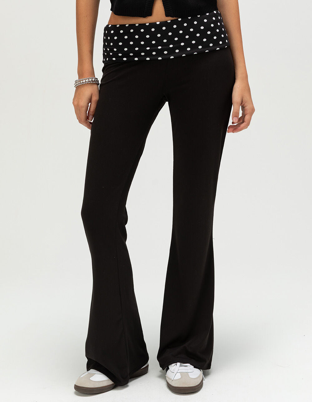 Flared Wide-Leg Pants with Polka Dot Fold-Over Waistband