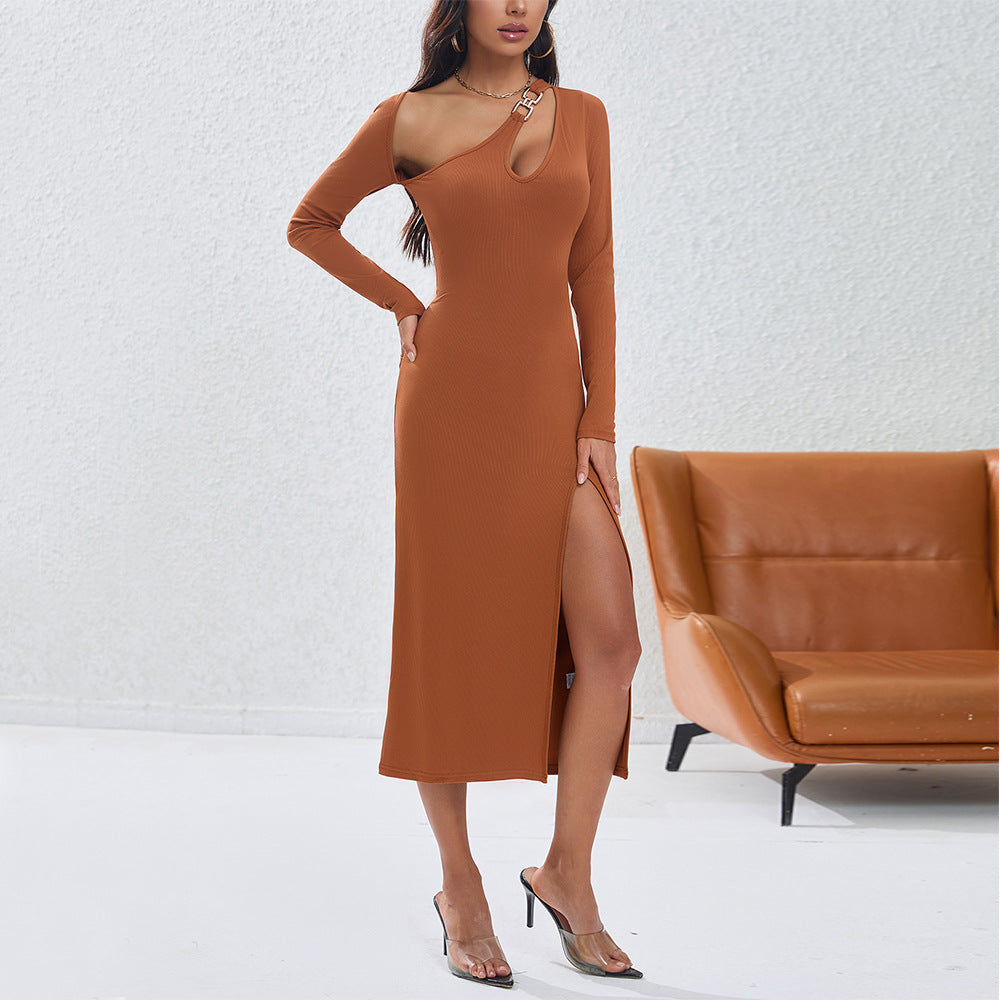 Ribbed Bodycon Midi Dress with Asymmetrical Cutout and High Slit