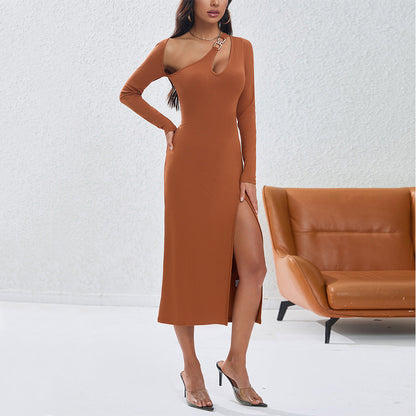 Ribbed Bodycon Midi Dress with Asymmetrical Cutout and High Slit