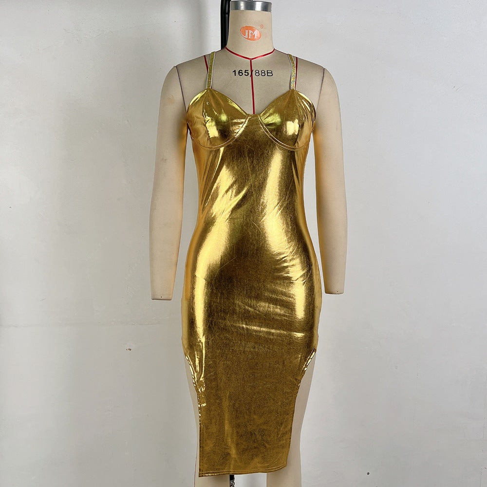 Metallic Gold Bodycon Midi Dress with Chain Straps and Side Slits