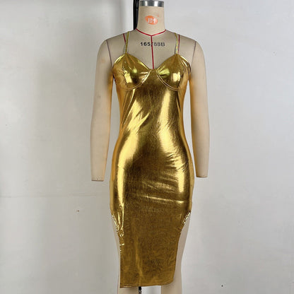 Metallic Gold Bodycon Midi Dress with Chain Straps and Side Slits