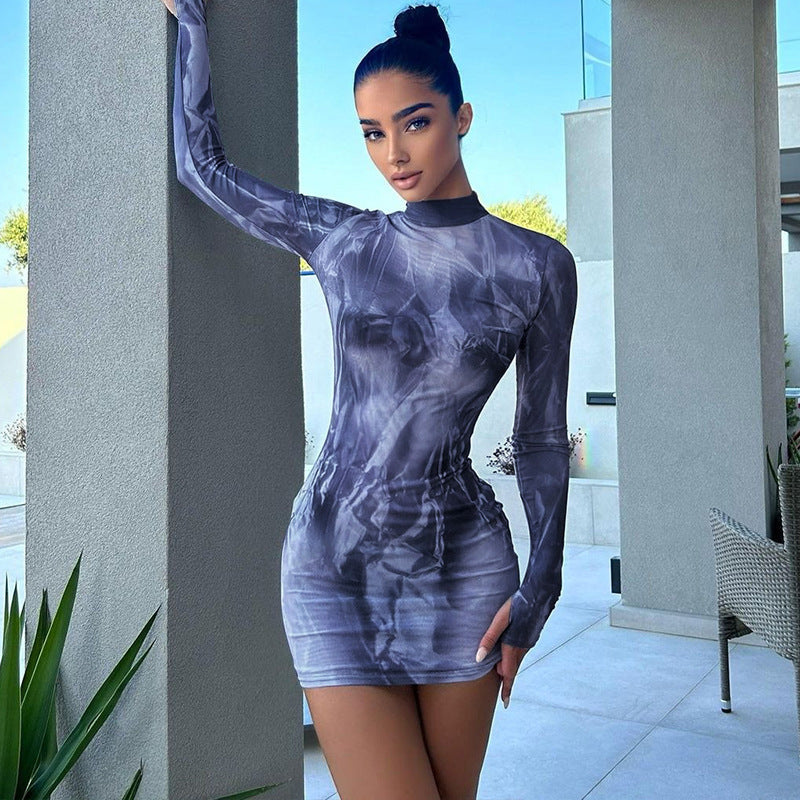 Abstract Print Bodycon Mini Dress with Crewneck and Long Sleeves