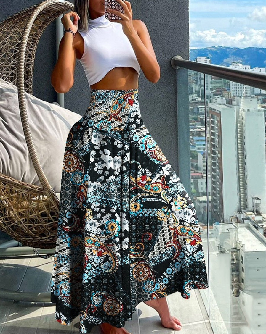 Bohemian Print A-Line Maxi Skirt with High Smocked Waist