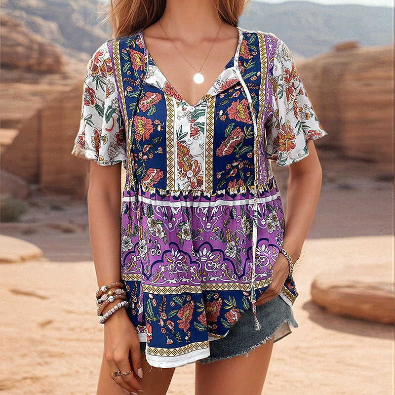 Bohemian Floral Print Tunic with Tie V-Neck and Flutter Sleeves