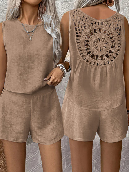 Solid Color Sleeveless Shorts Set with Hollow Lace Back