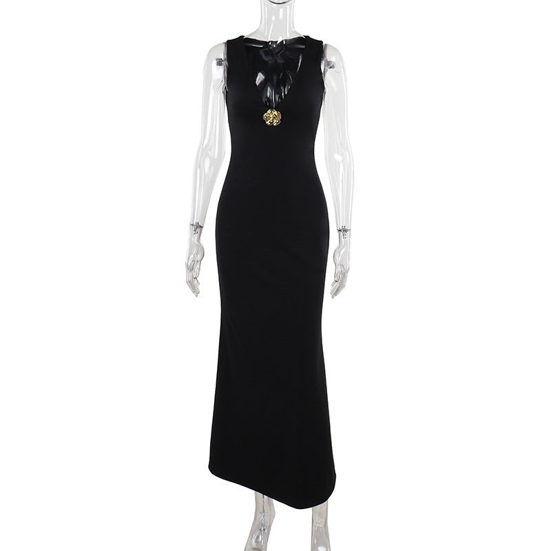 Elegant Slim Fit Deep V Dress Black