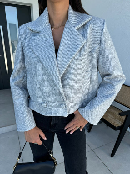 Solid Cropped Blazer with Suit Collar and Double-Breasted Front