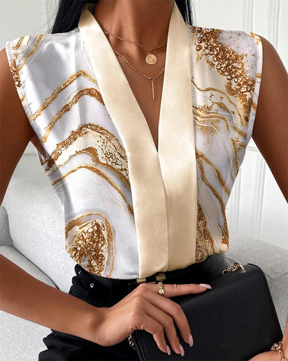 Abstract Print Sleeveless Blouse with V-Neck