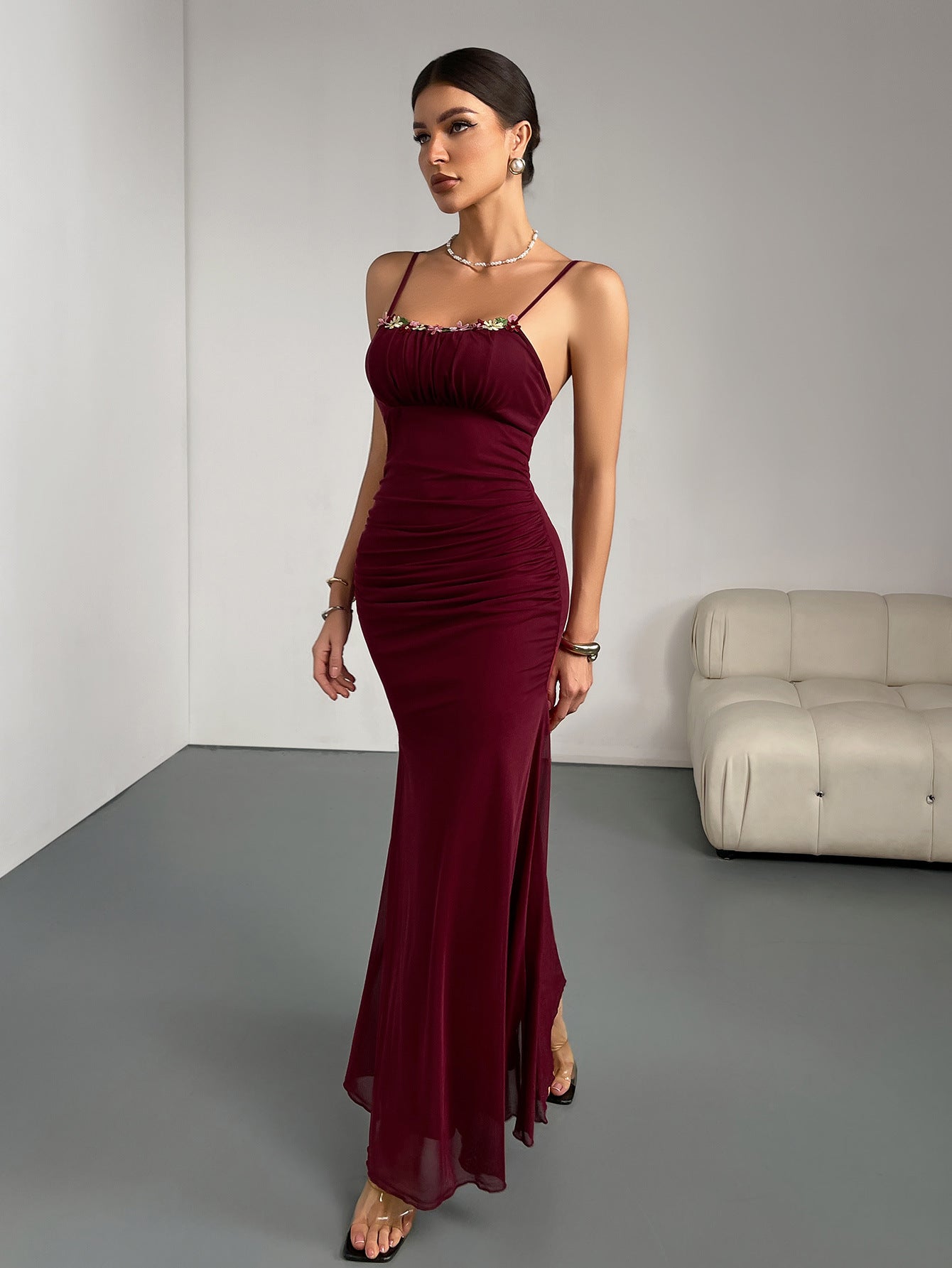 Ruched Bodycon Maxi Dress with Floral Applique Neckline