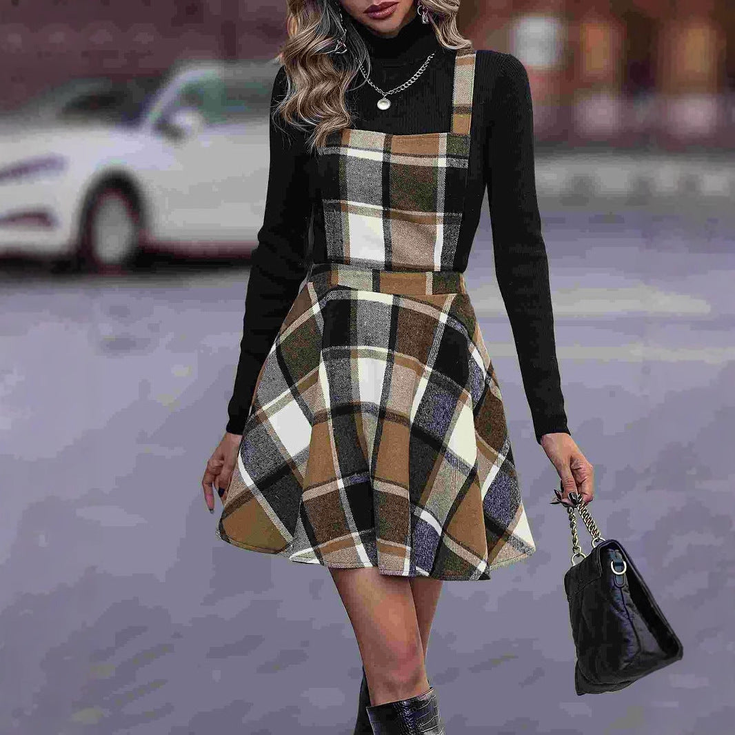 Plaid A-Line Pinafore Dress with Adjustable Straps