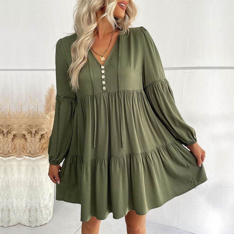 Loose Tiered Mini Dress with V-Neck and Button Front