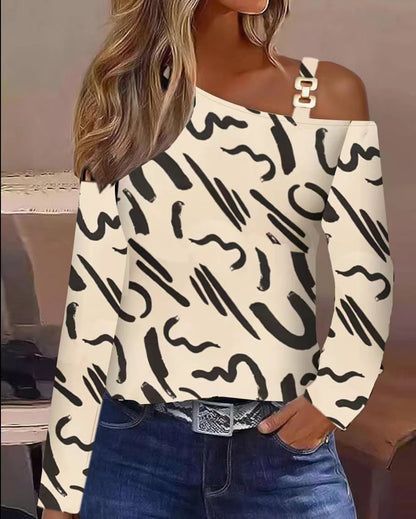 Animal Print Long Sleeve Top with Oblique Collar and Metal Buckle