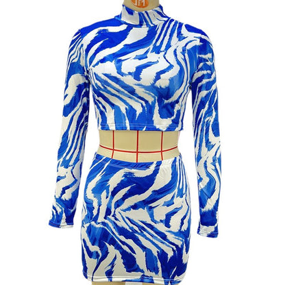 Zebra Print Bodycon Skirt Set with Mock Neck