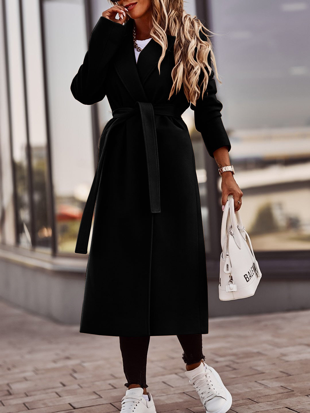 Long Faux Wool Wrap Coat with Tie-Waist and Shawl Collar