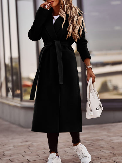 Long Faux Wool Wrap Coat with Tie-Waist and Shawl Collar