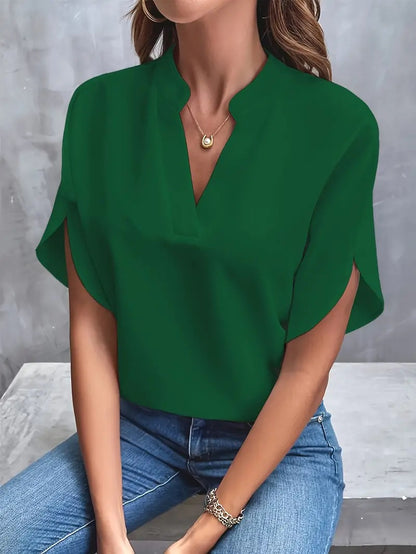 Solid Loose Blouse with Stand Collar V-Neck and Split Sleeves
