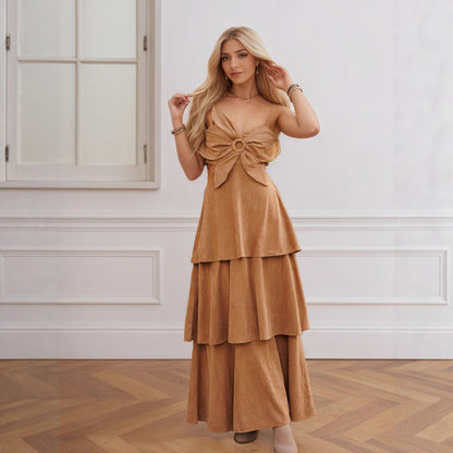 Faux Suede Tiered Maxi Dress with Bow Front and Cutout Waist
