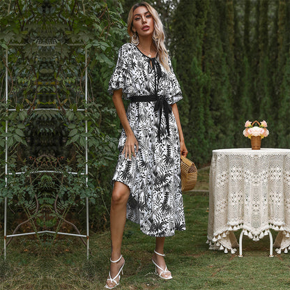 Plant Print A-Line Midi Dress with Flutter Sleeves and Tie Waist