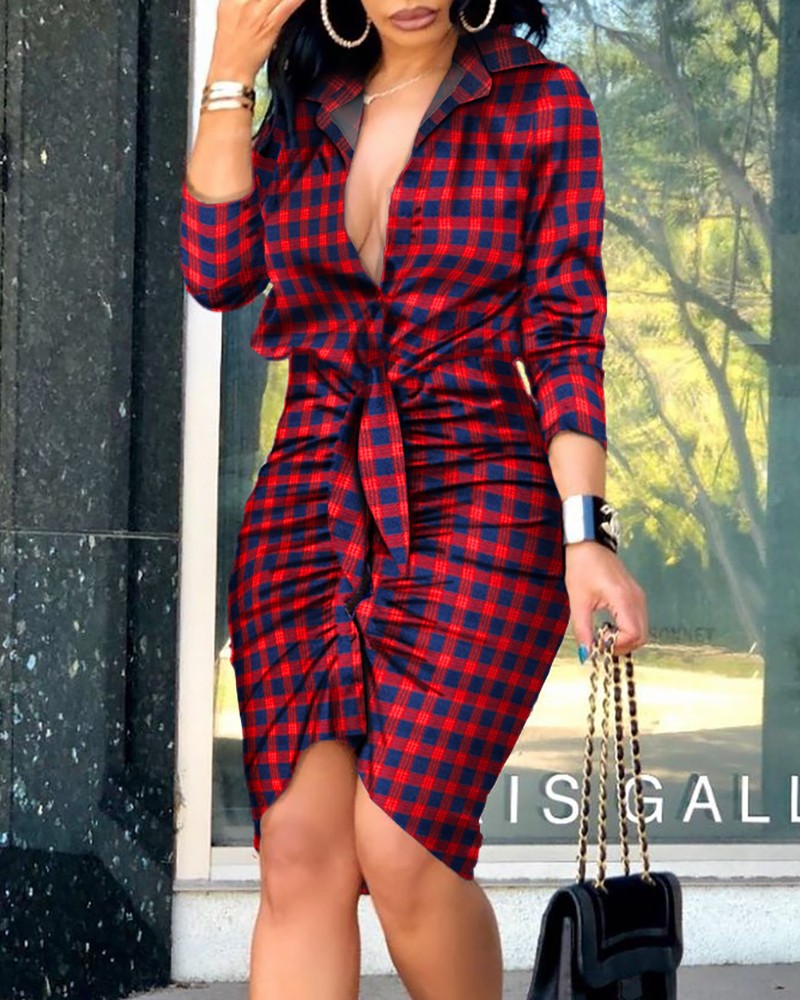 Midi Dress with V-Neck, Tie-Waist, and Ruched Hem