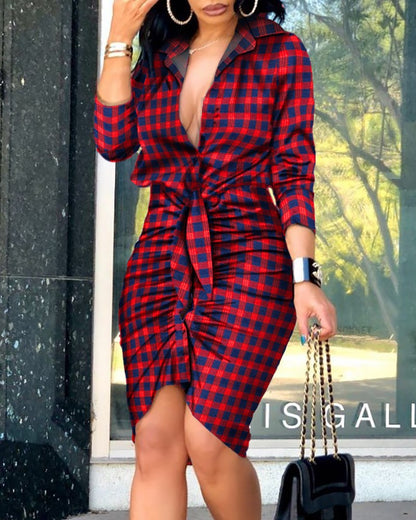 Midi Dress with V-Neck, Tie-Waist, and Ruched Hem
