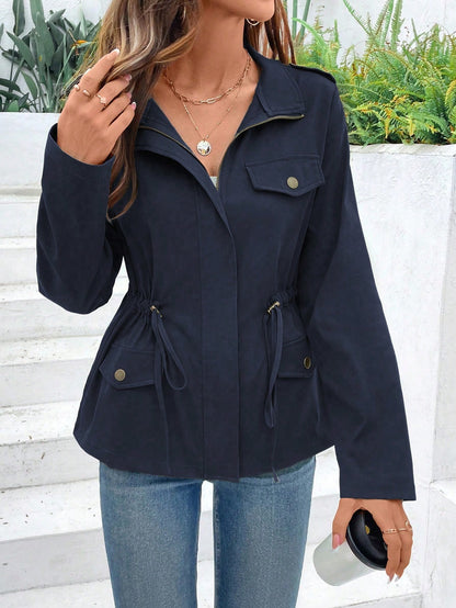 Solid Utility Jacket with Drawstring Waist and Lapel Collar