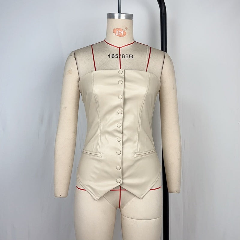 Slim Fit Strapless PU Leather Top with Button Detail